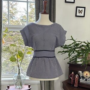 Monteau Navy and White Striped Peplum Blouse
